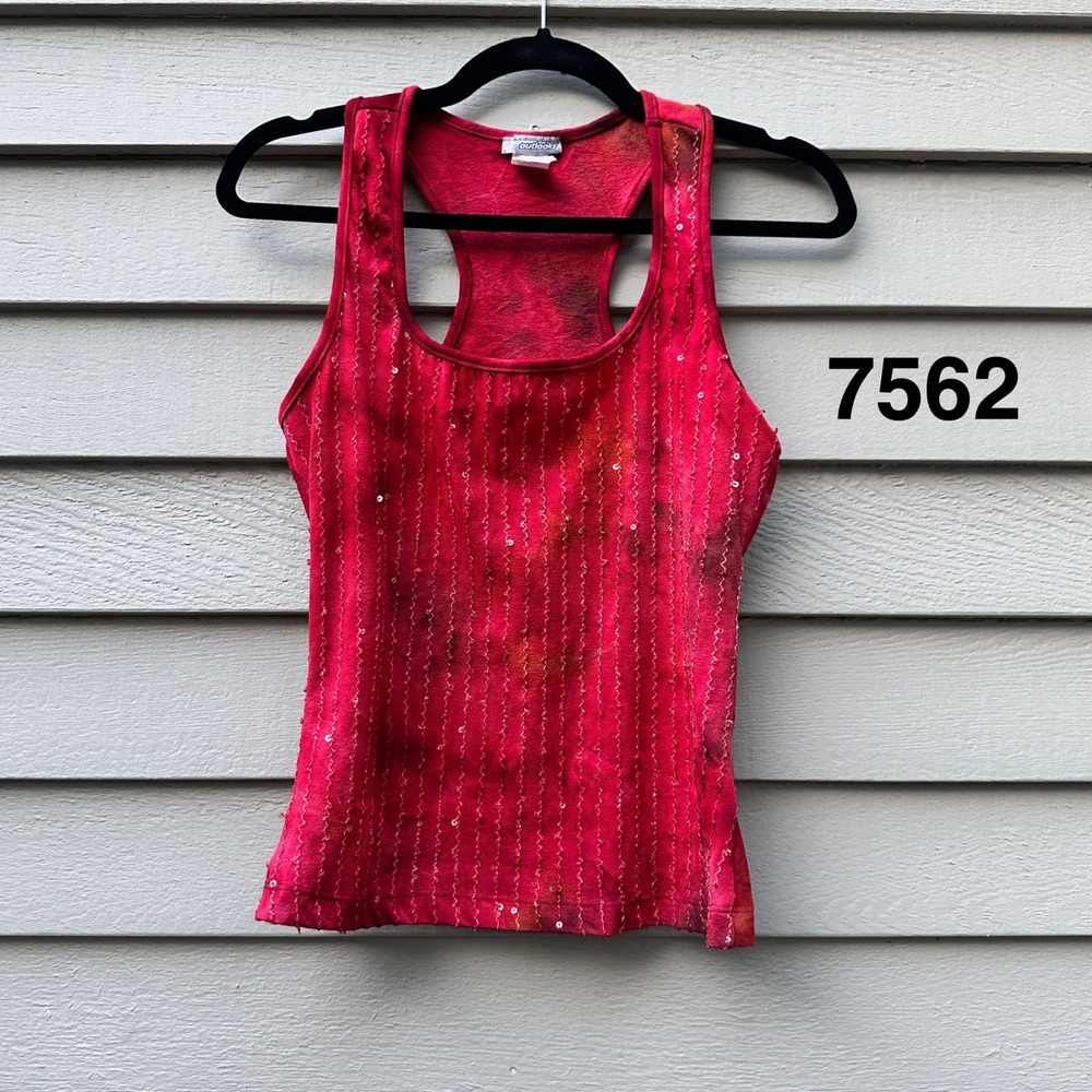 Outlooks Red Tie Dye Sequin Racerback Tank Top Womens Large Y2K Grunge USA Made